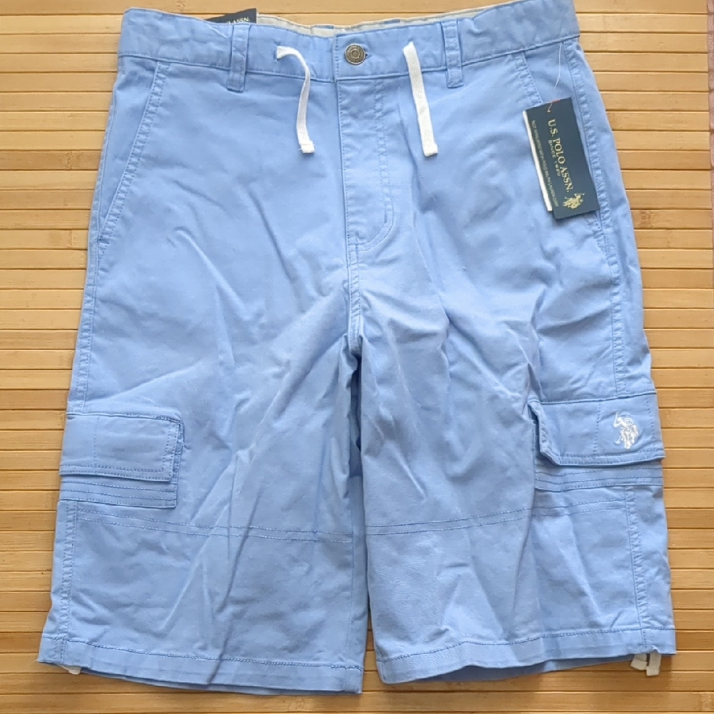 US Polo Assn Boys Light Blue Flex Cotton Cargo Shorts, Size 18, NEW, nwt